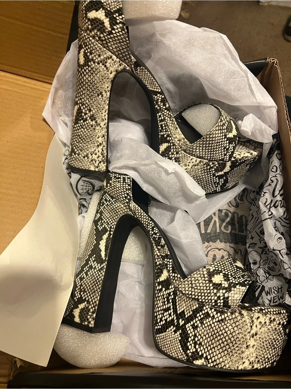 Dolls Kill Snake-Print High Platform Ankle Strap Heels - Black/Beige